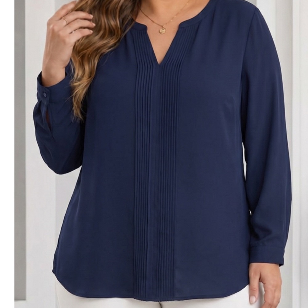 Talbots Womens 1X Navy Blue Pleated Front Split V-Neck Long Sleeve Blouse Top